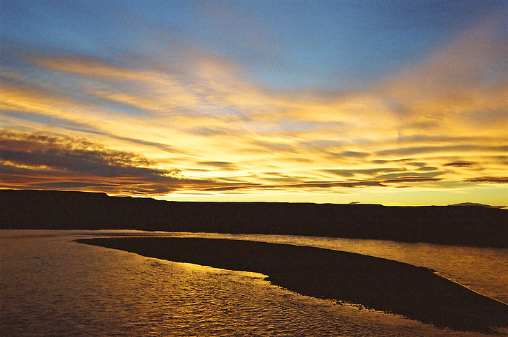 sunset, patagonia, nature, island, mountains, orange sky, dusk