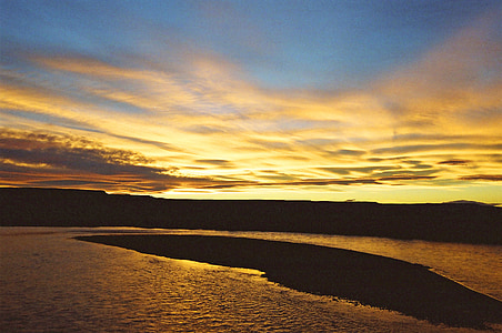 zalazak sunca, Patagonija, priroda, Otok, planine, narančasto nebo, sumrak