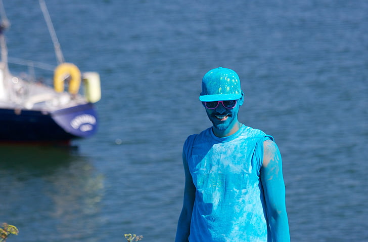 man, blue, tank, top, covered, paint, near