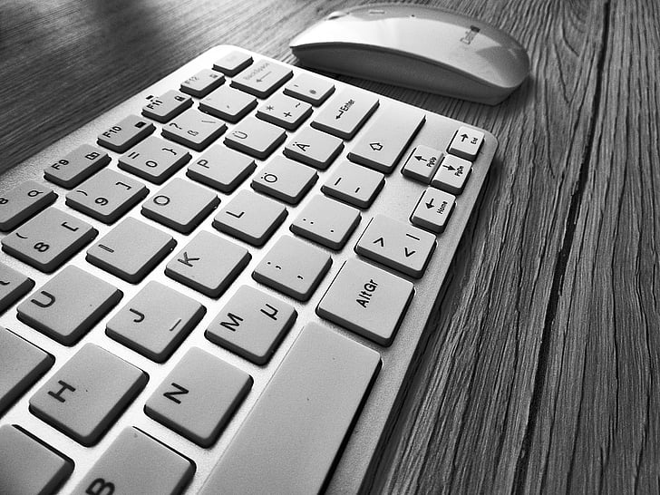 клавиатура, мишка, бюро, работното място, Черно и бяло, Компютърна клавиатура, компютър