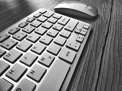 klávesnice, myš, psací stůl, pracoviště, černá a bílá, počítačová klávesnice, počítač