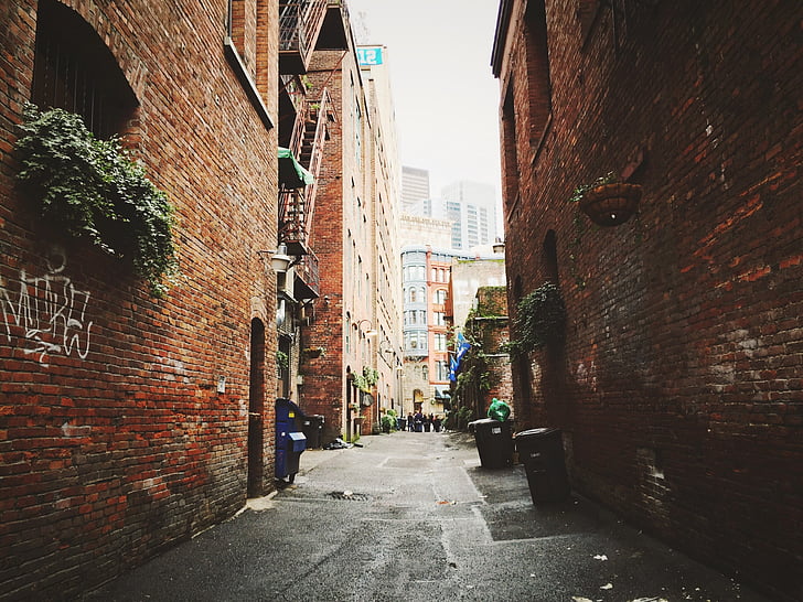 alley, line, urban, downtown, narrow, brickwalls, buildings