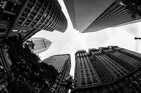 black-and-white, buildings, city, looking up, skyscrapers, streets, wide-angle