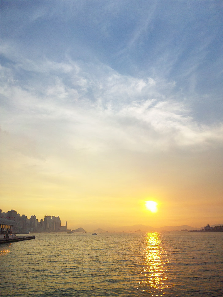 hongkong, sky, victoria, harbor, sunset, sun, ocean
