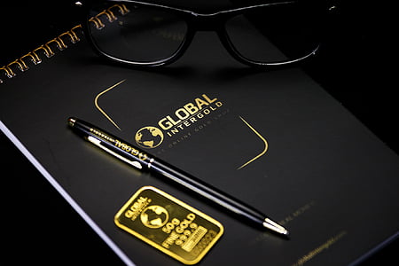 Notebook, hitam, pena, kacamata, emas, stiker, logo