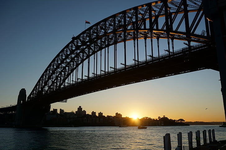 Napkelte, Sydney, Harbour bridge, Ausztrália, híd, utca-és városrészlet, Skyline