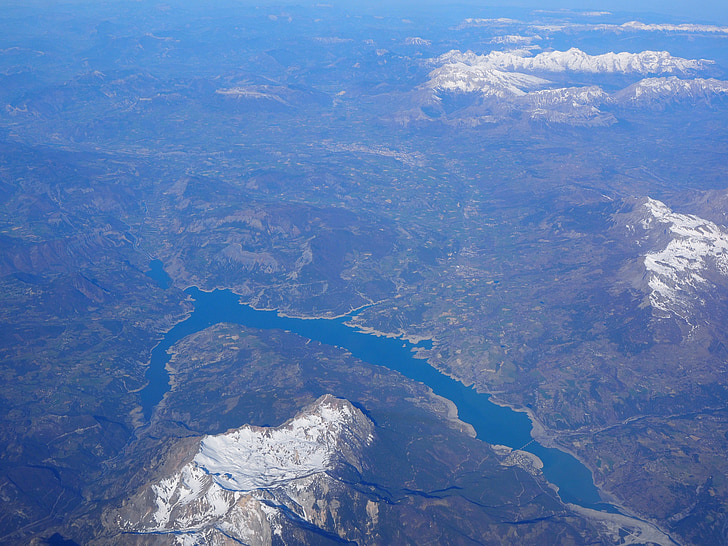 Flygfoto, luftbildaufnahme, Lac de serre-ponçon, reservoar, westalpen, Hautes-alpes, Alpes-de-haute-provence