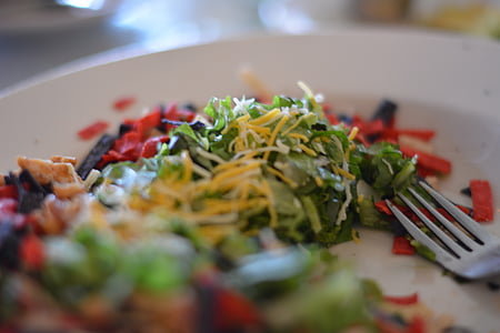salat, salat, grøntsager, sund, mad, plade, gaffel