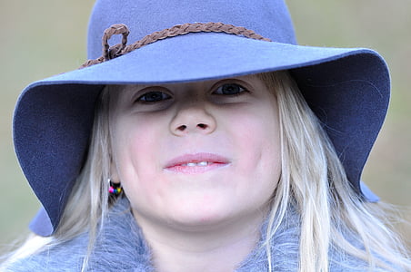 child, girl, hat, blond, face, laugh