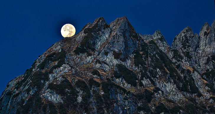 mountainous landscape, full moon, 剣岳, northern alps, japan, mountain, nature