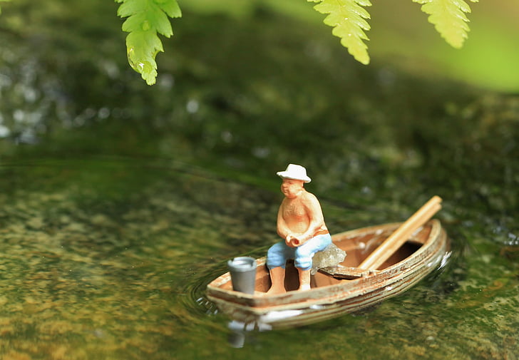 bota, água, Lagoa, pescador, em miniatura, mini, pequeno