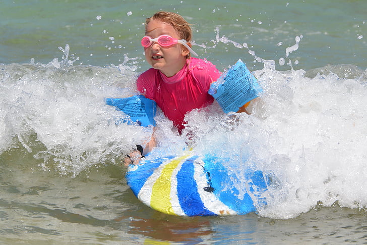 child, girl, surf, waves, surfboard, people, sports