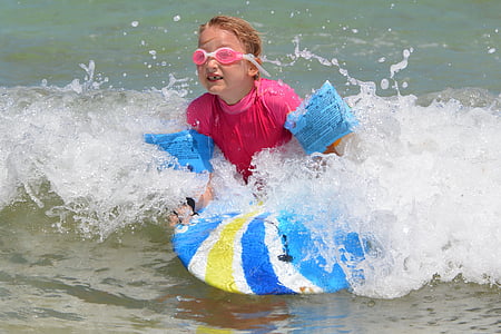 child, girl, surf, waves, surfboard, people, sports