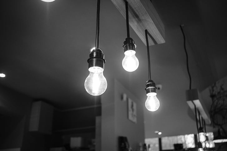 black-and-white, blur, bright, bulbs, ceiling, close-up, focus
