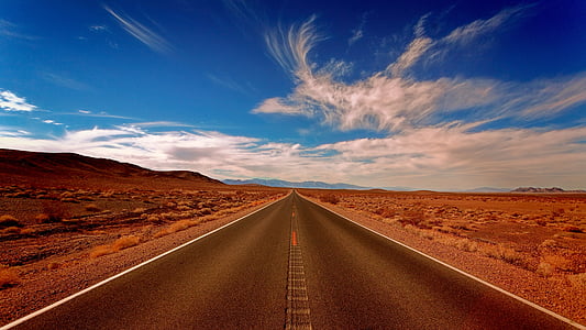 landscape, highland, desert, blue, sky, clouds, road