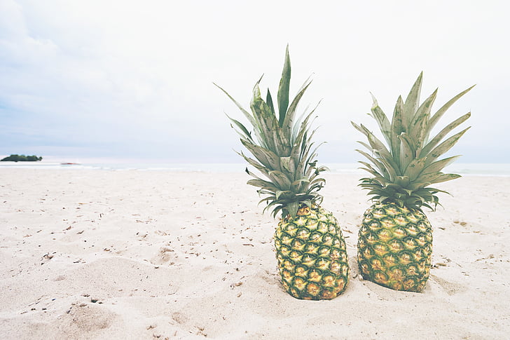 Beach, pobrežie, jedlo, ovocie, zdravé, ananás, piesok
