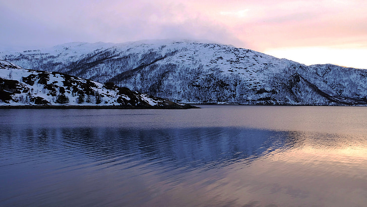 zonsondergang, fjord, Oceaan, Amazing, mooie, zee, sneeuw