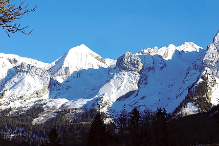 Alpes, Mont blanc, puntos, montaña, nieve, glaciar de, paisaje de invierno