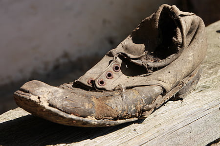 skader, beskidt, gamle, rusten, sko, tøj