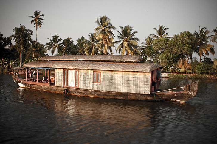 backwaters, india, kerala, water, palm, houseboat, boot