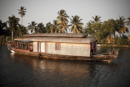 Backwaters, Indien, Kerala, vatten, Palm, Husbåt, Boot