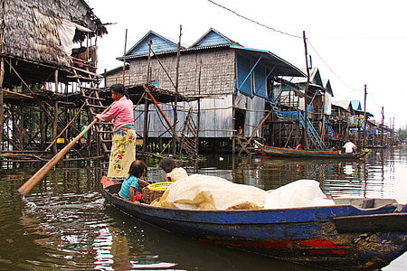 kompong phluk kompong, обиколка, село, плаващ, Сием Реап, Камбоджа, Tonle мъзга езеро