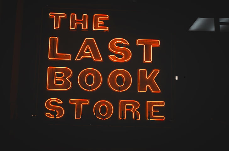 Paskutinė, knyga, parduotuvė, neonas, šviesos, ženklų, šriftas