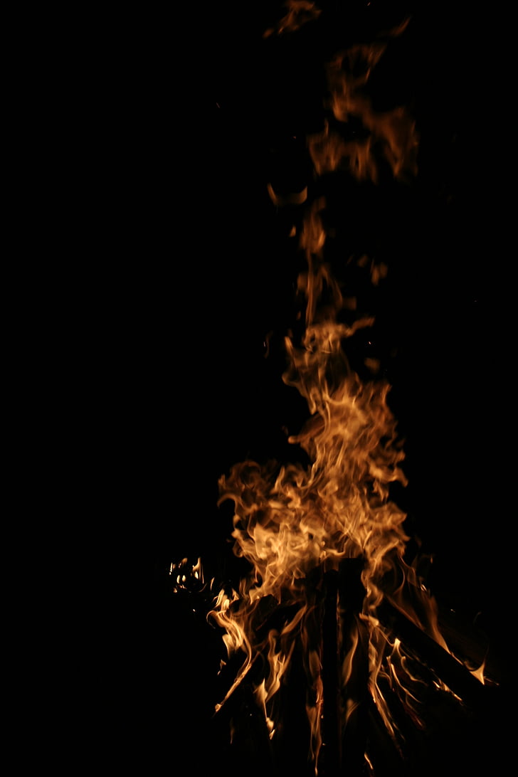 foc, crema, flama, a la nit, foscor, foc de fusta, cel