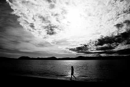beach, black-and-white, clouds, dawn, dusk, landscape, man