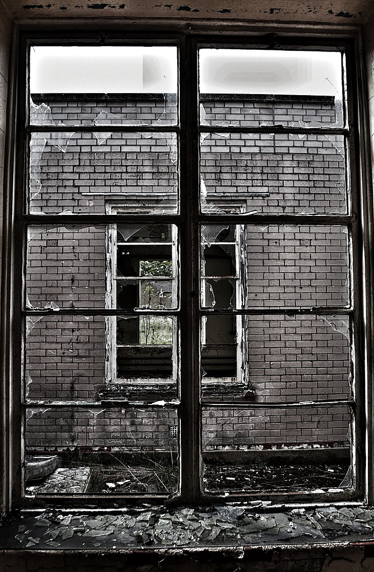 finestra trencada, vidre, Marc, finestra, trencat, vell, danyat