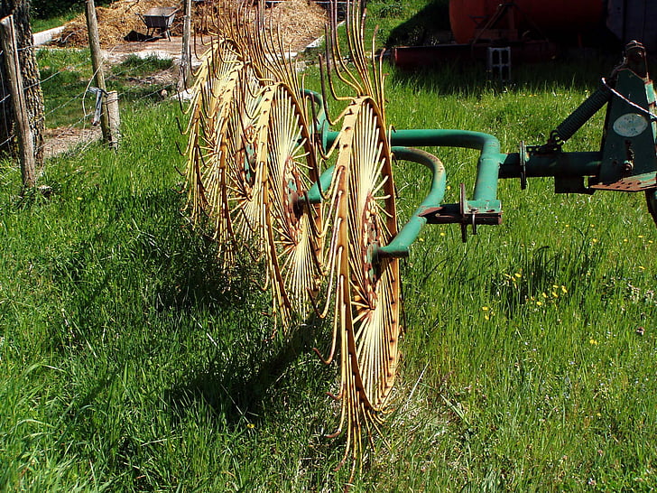 agricultural machine, agriculture, grass, work, tools, wheel, old