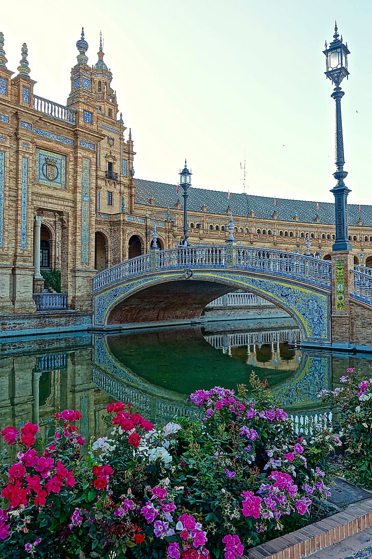 Plaza de Espana, Palace, kukat, Sevillan, historiallinen, kuuluisa, muistomerkki