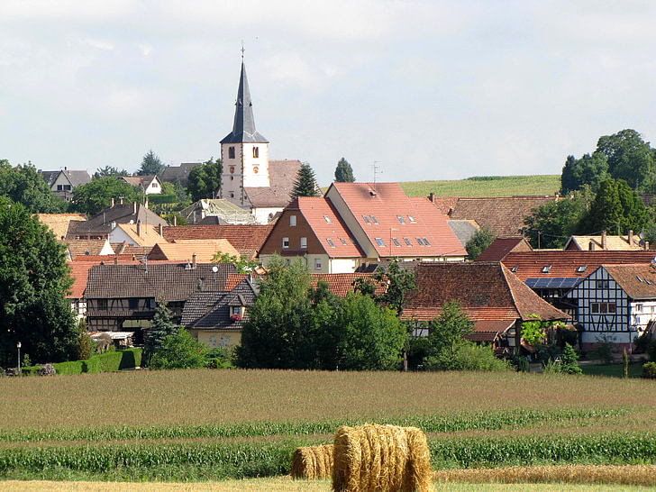 berstett, france, village, buildings, church, architecture, sky