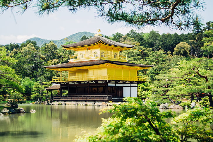 Buddysta rozciągacz, Złoty Pawilon, Japonia, Kinkaku-ji, Kioto, staw, Rokuon-ji