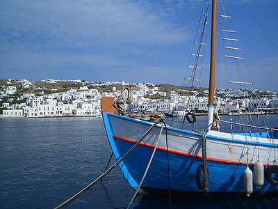 Mykonos, Grčija, pristanišča, zaliv, vode, ladje, čolni