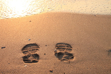 beach, footprint, sand, water, waves, summer