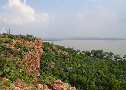 Renuka sagar, Lago, Barragem de malaprabha, remansos, penhasco, montanha, Karnataka