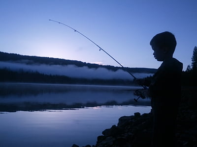 JP, fiske, California, soloppgang, barn, gutt, bass lake