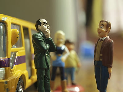 figures, toy, bus, talking, men, people, waiting