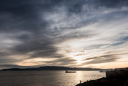 solnedgång, Gibraltar, Algeciras, båtar, fartyg, Sky, moln