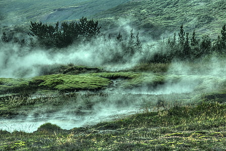 мъгливо, хълм, гора, планински, мъгла, пейзаж, мъгла