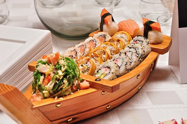 food, sushi, boat, seafood, japanese, fish, rice