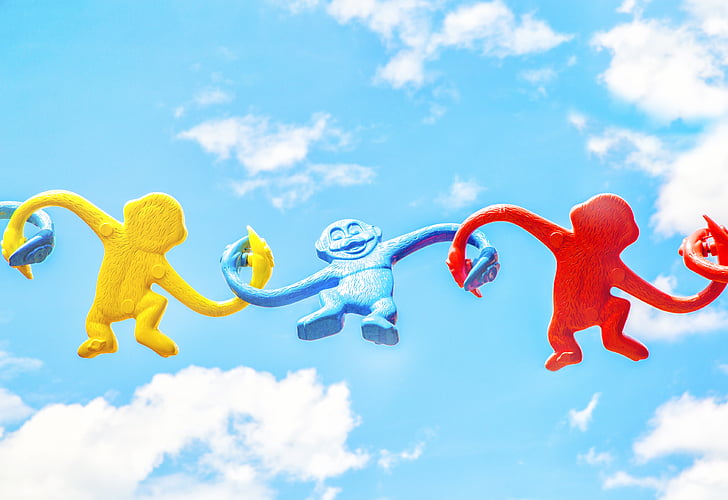 sky, clouds, art, puppet, monkey, colorful, crafts