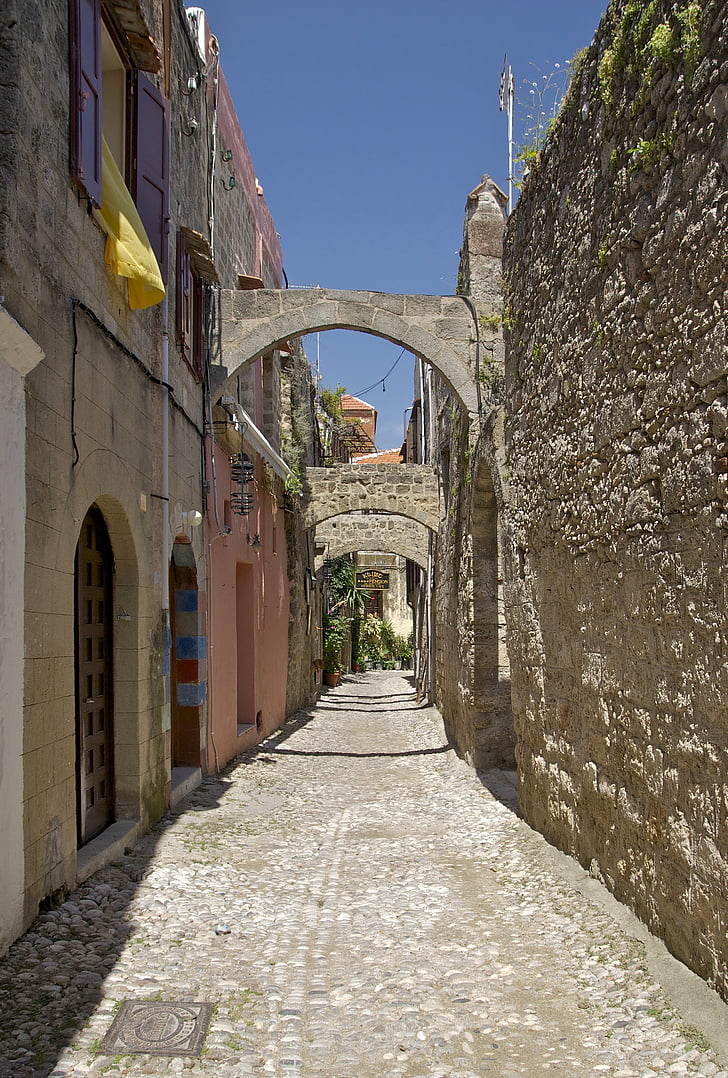 Rhodes, Yunani, Kota, bangunan, lama, batu, Arch