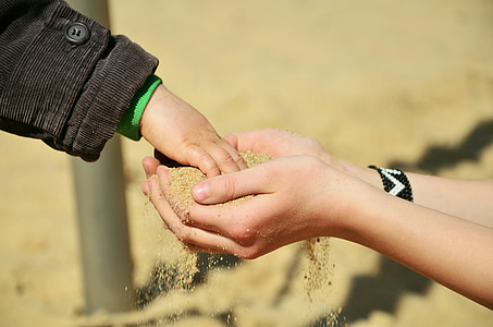 손, 모래, 어린이 손, 녹아, 트레이, 느낌, 레저
