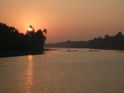 solnedgang, båter, palmer, abendstimmung, atmosfære, natur, refleksjon