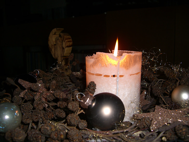 alder, burning candle, advent, balls, atmosphere, sparkle, light