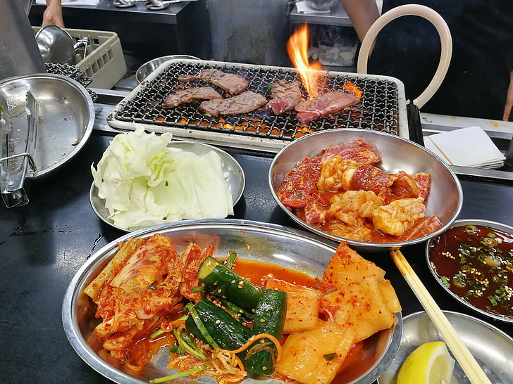 BBQ, koreansk, kjøtt, kimchee