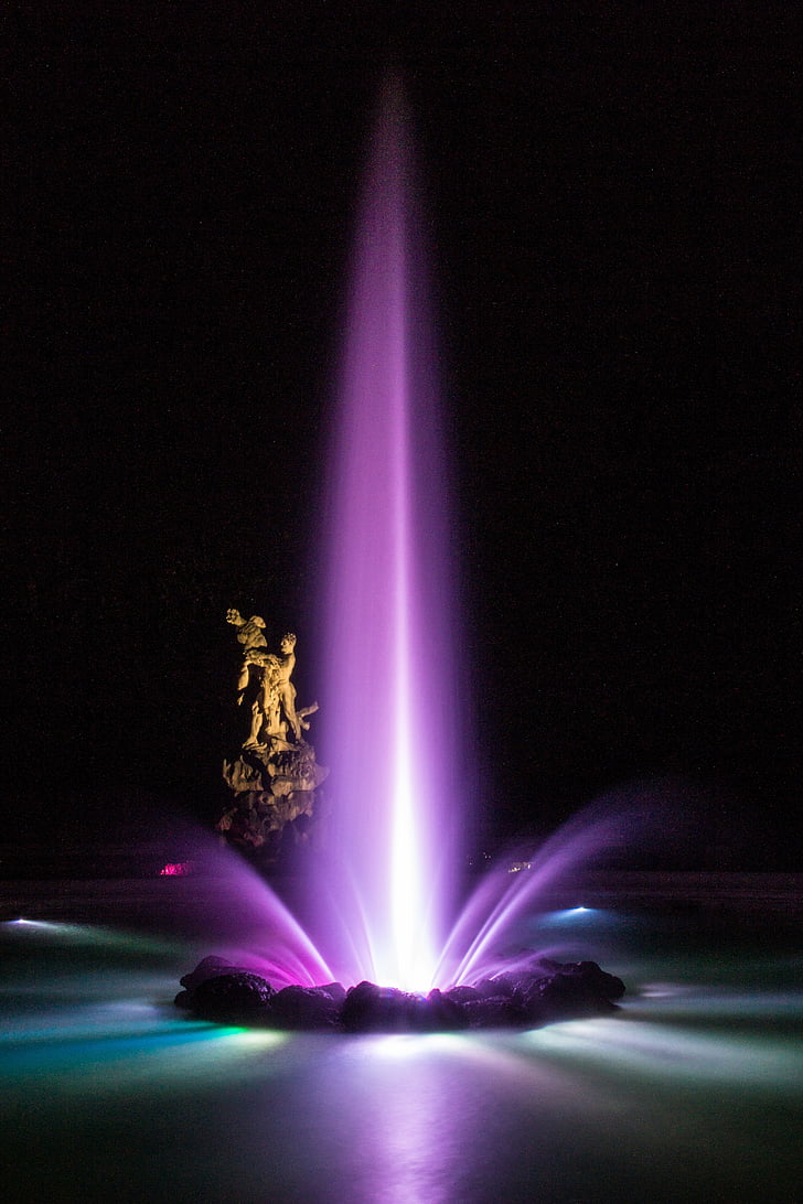 Salzburg, Rakúsko, noc, Mirabell, fontána, noc fotografiu, svetlá