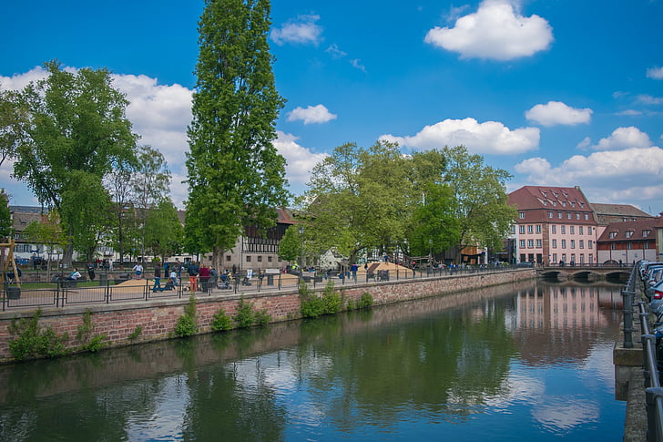 Frankrike, träd, vatten, floden, Sky, blå, Strasbourg